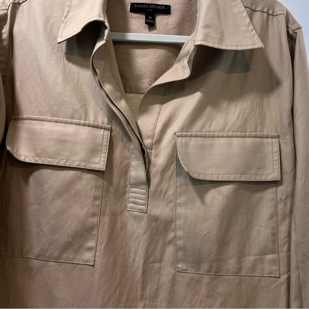 Banana Republic Utility Shift Dress Cargo Safari Tan Twill Shirt Minimalist Med - Picture 3 of 10